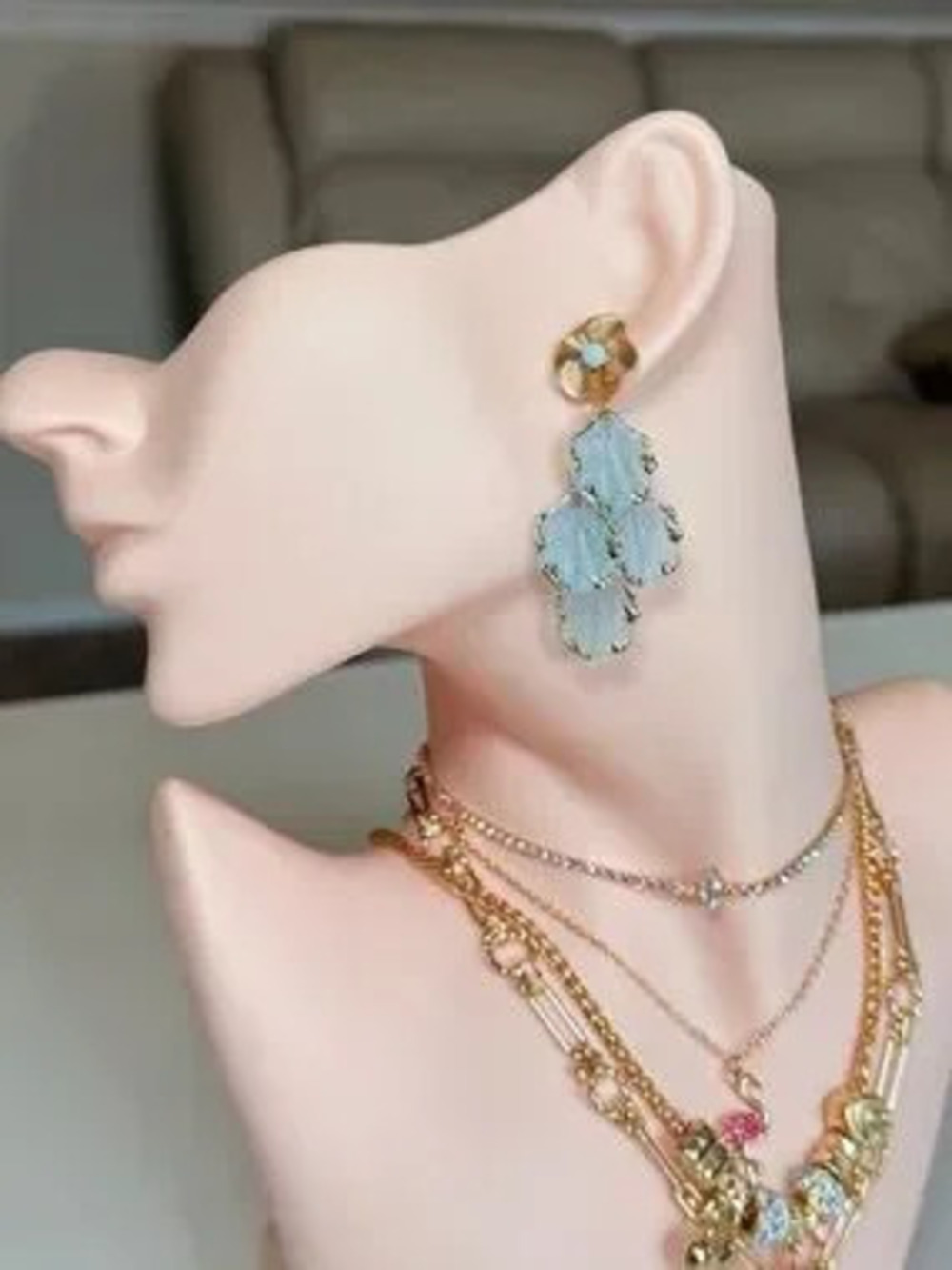 Gold-Tone and Blue Leaf Drop Earrings